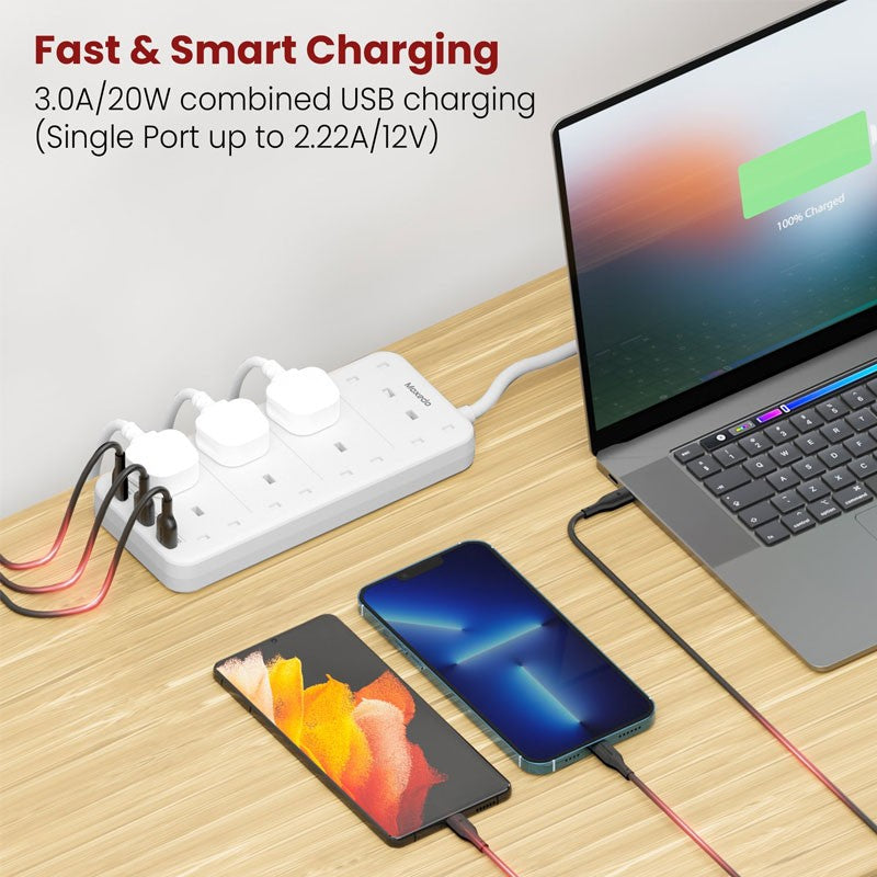 Laptop, smartphone, and tablet charging from a Moxedo Power Strip Surge Protector on a wooden surface.