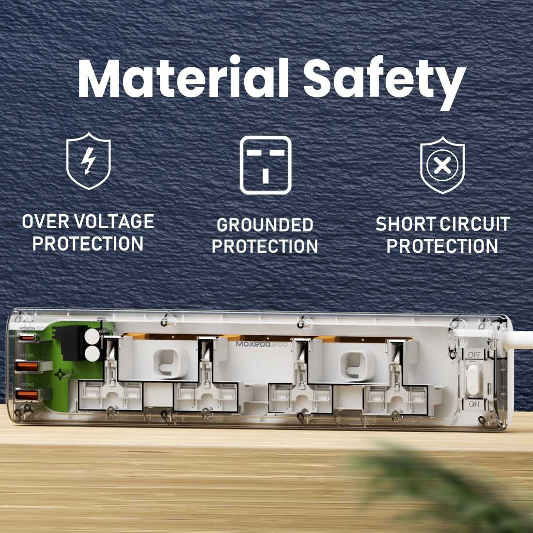 Electrical safety features of Moxedo Power Strip Surge Protector on a blue background