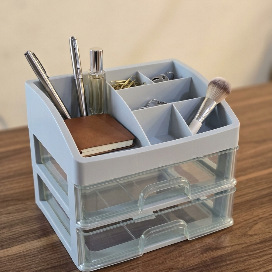 Multi-Compartment Makeup Organizer with compartments holding various items on a wooden surface.
