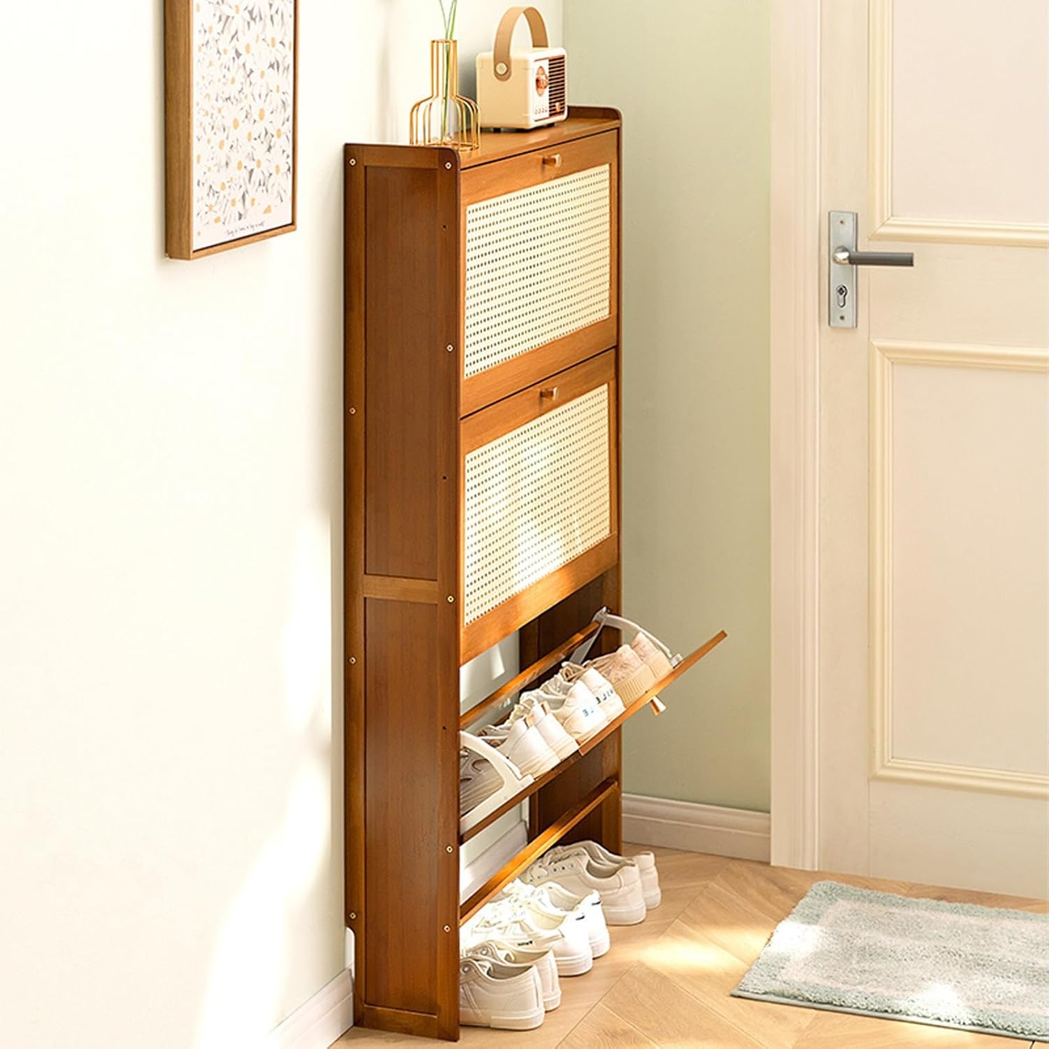 Multi-Layer Wooden Flip Down Shoe Storage Organizer Rack Organized with Shoes.