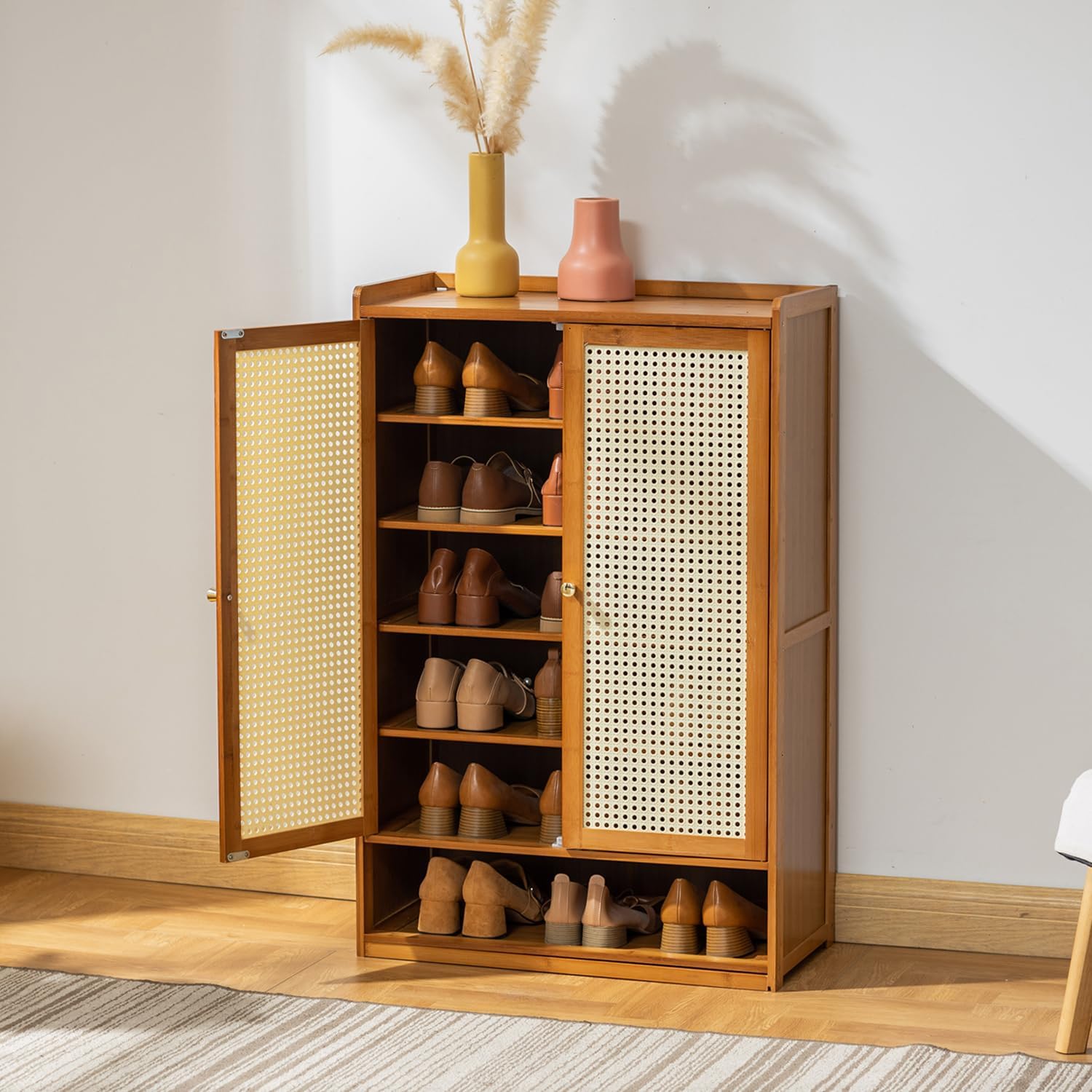 Multi-Layer Wooden Flip Down Shoe Storage Organizer Rack Organized with Shoes.