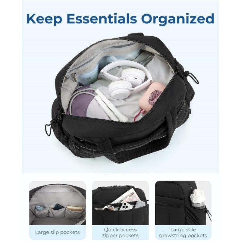 Black women travel duffle bag opened to show organized compartments with headphones, personal items, and accessories, highlighting multiple pockets including large slip pockets, quick-access zipper pockets, and side drawstring pockets.