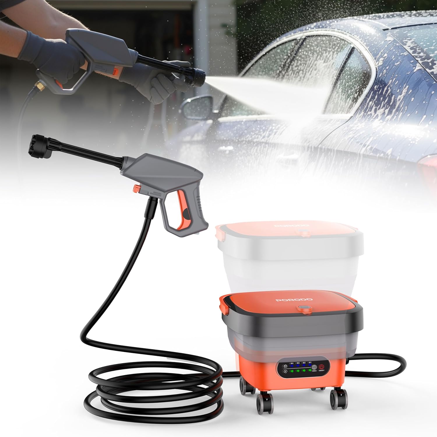 A Person is Washing Car Using Porodo AquaSpray Multifunctional Pressure Washer.