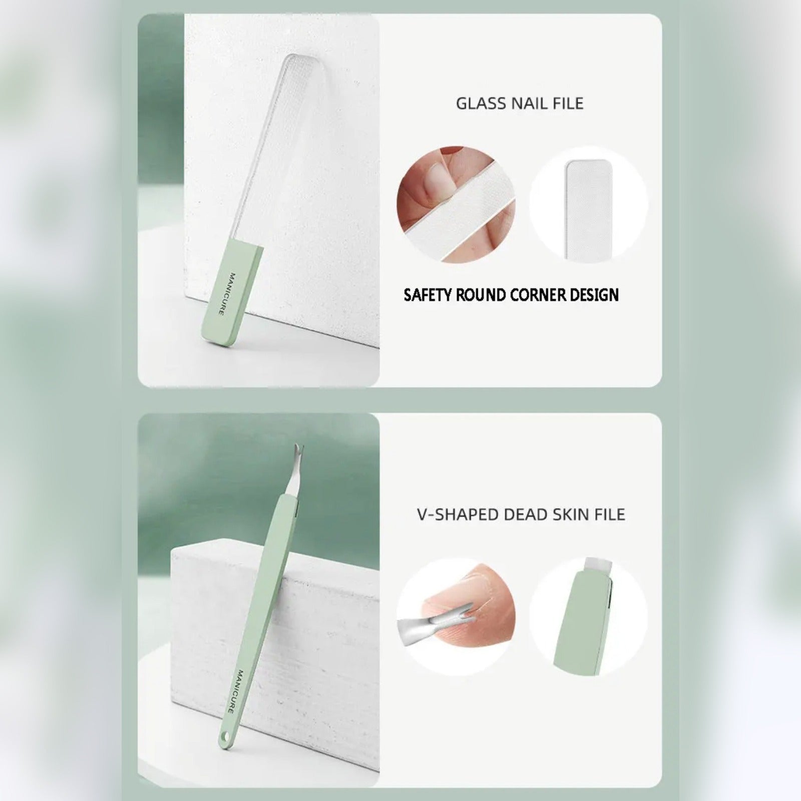 Individual Tool Details of 16-Piece Professional Nail Clipper Kit.