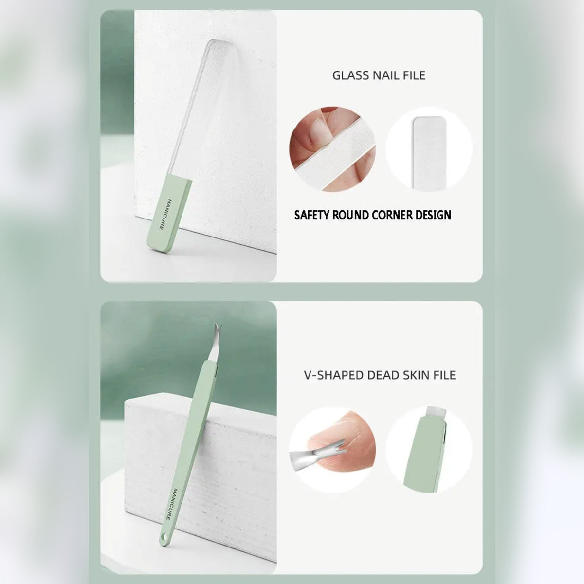 Individual Tool Details of 16-Piece Professional Nail Clipper Kit.