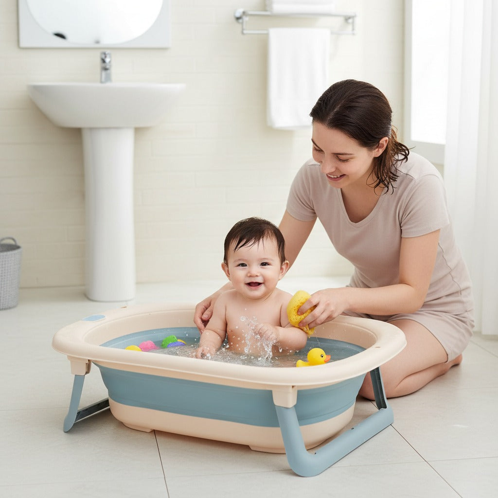 Newborn bathtub shown with a happy baby sitting inside while a parent assists during bath time.