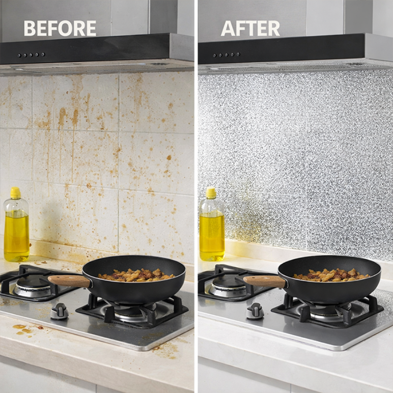 Before and After use of Waterproof Oil Proof Aluminium Foil Sticker in Kitchen Wall.