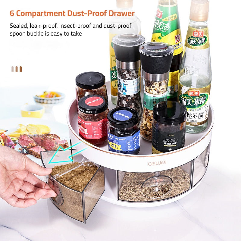 Rotating Kitchen Spice Rack, Turntable Storage Tray, Multi-Grid Seasoning Organizer with Drawer Rotating Kitchen Spice Rack, Turntable Storage Tray, Multi-Grid Seasoning Organizer with Drawer