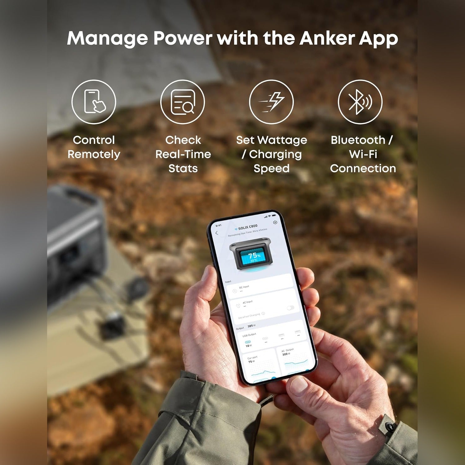 A Person is Operating Anker SOLIX C200 DC Portable Power Station Via Mobile App.