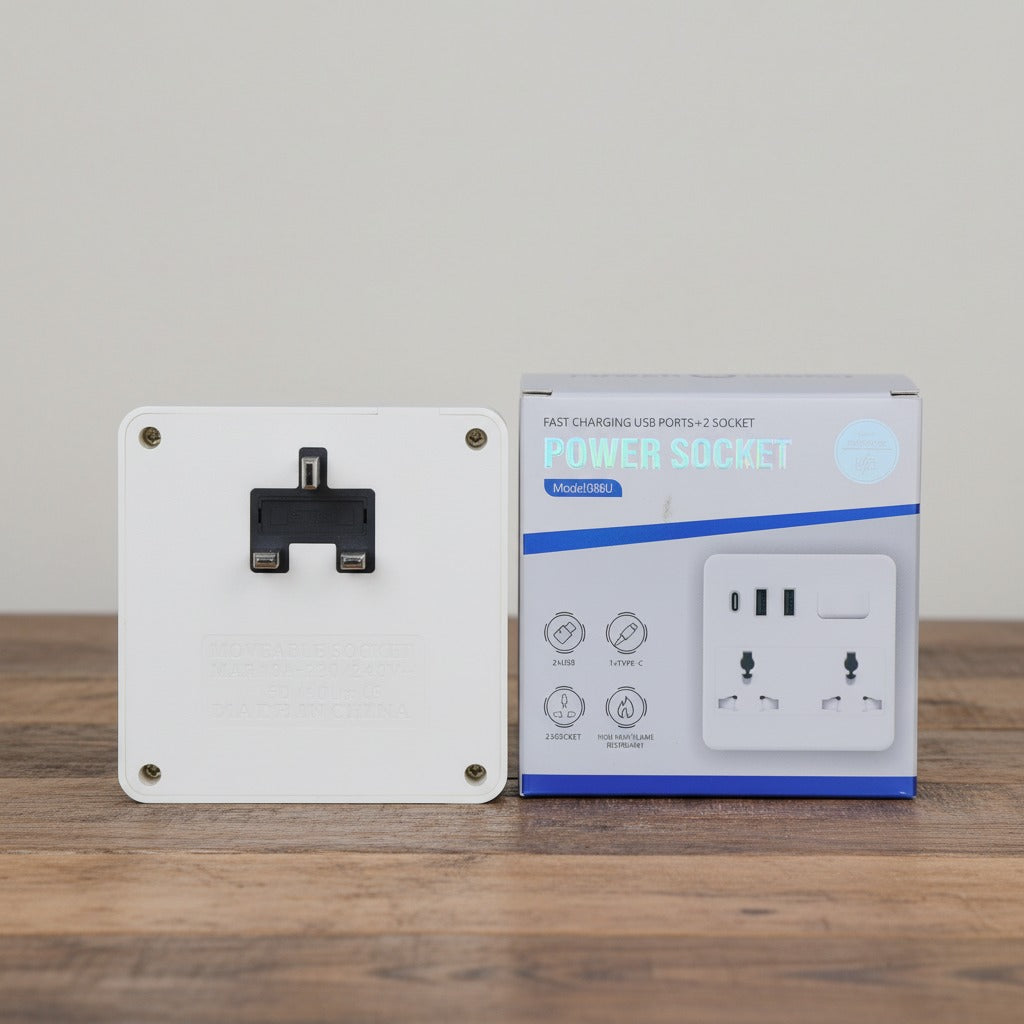 A Power Socket with USB & Type-C Fast Charging and its Pack is Placed on a table.
