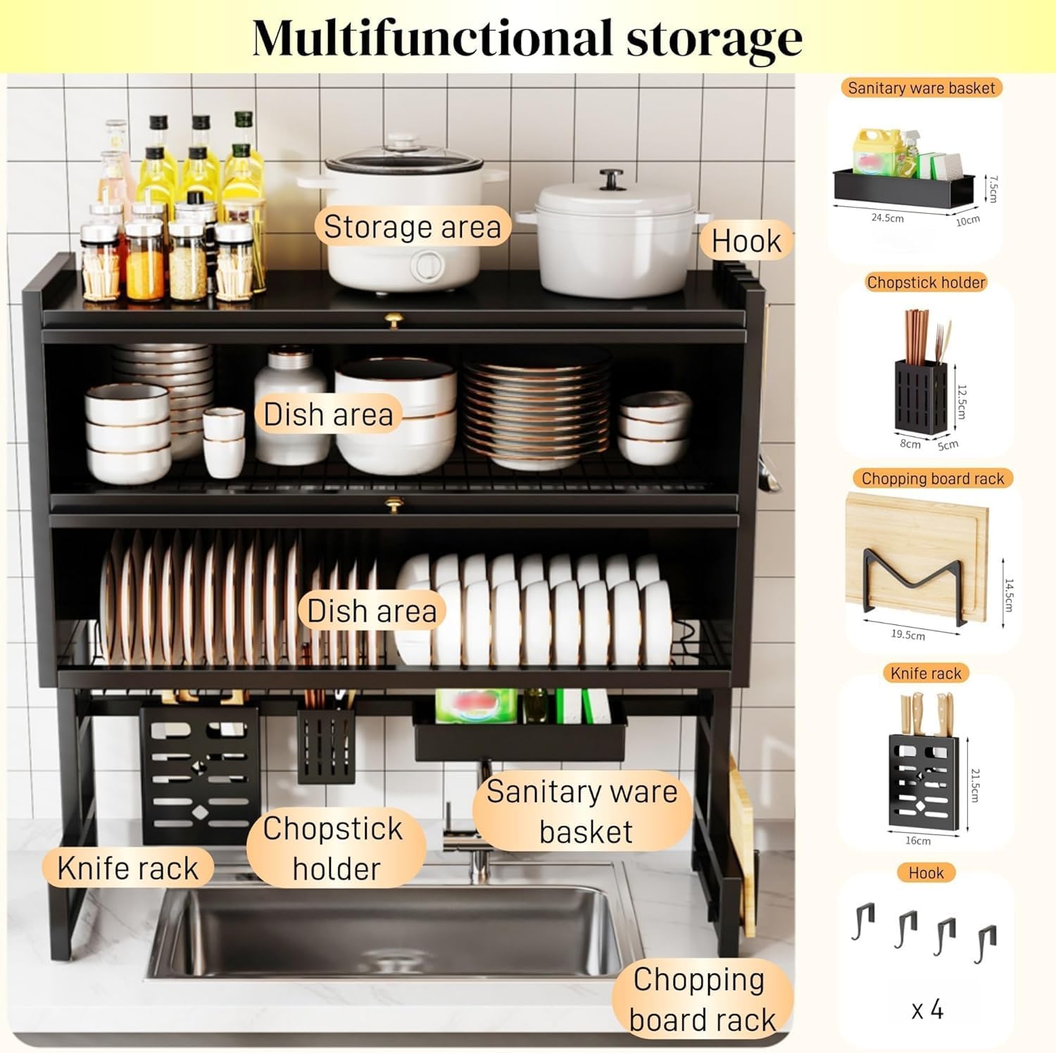 Parts Details of Double Layer Over-Sink Dish Drying Rack in which multiple kitchen essentials are stored.