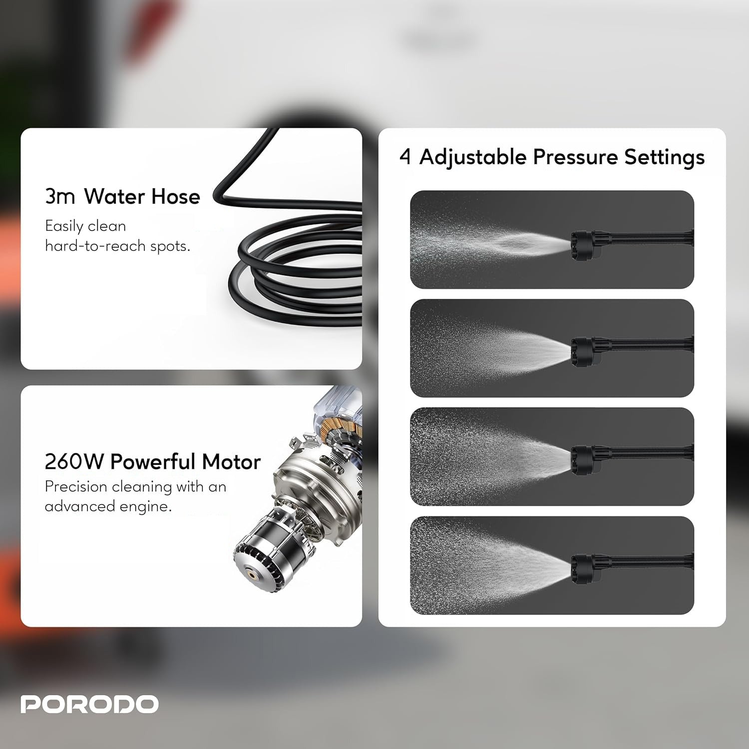 Parts Details of Porodo AquaSpray Multifunctional Pressure Washer.
