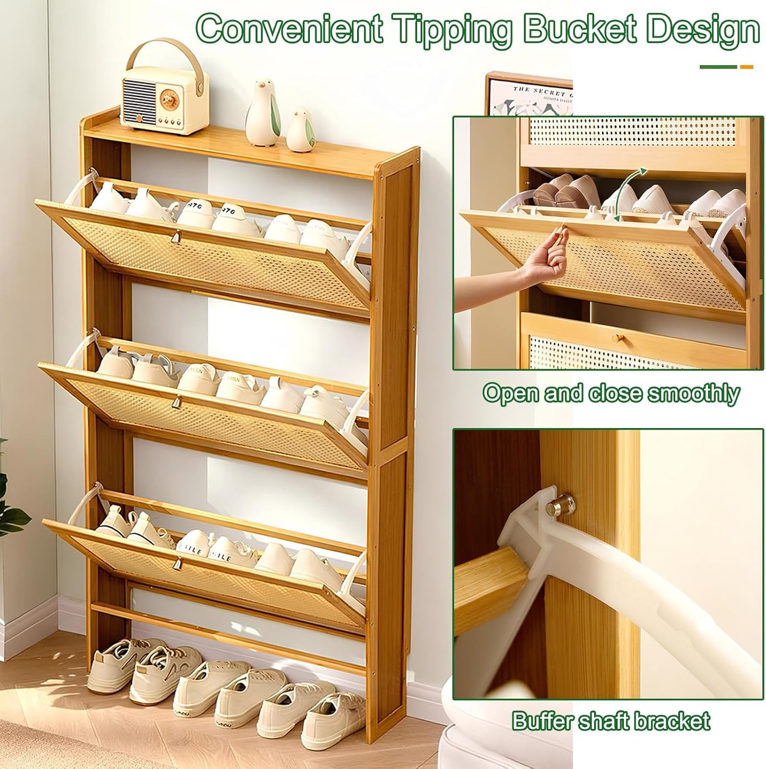Parts features Of Multi-Layer Wooden Flip Down Shoe Storage Organizer Rack  Arranged with Shoes.