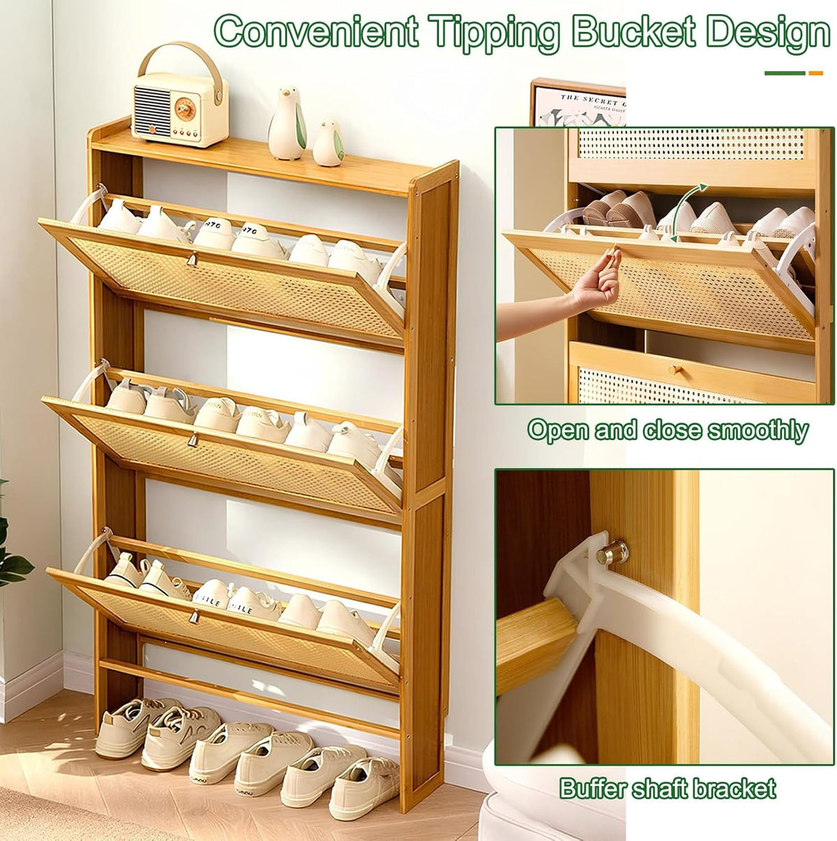 Parts features Of Multi-Layer Wooden Flip Down Shoe Storage Organizer Rack  Arranged with Shoes.