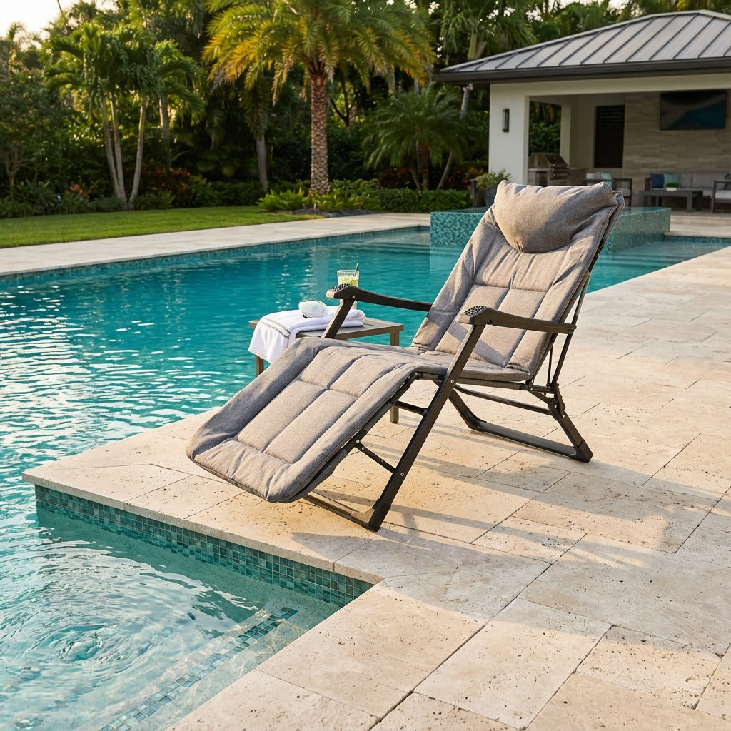 An Adjustable Folding Camping Chair Bed in a Pool setting