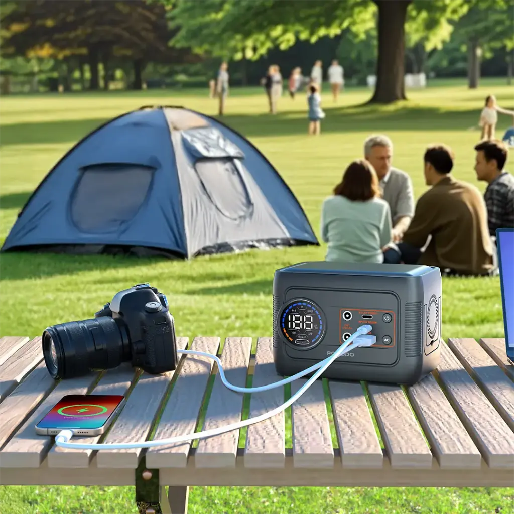 A Porodo Forcebase 150W Portable Power Station is placed on a wooden picnic table outdoors in a park setting. The device is actively charging a smartphone and a camera via connected cables.