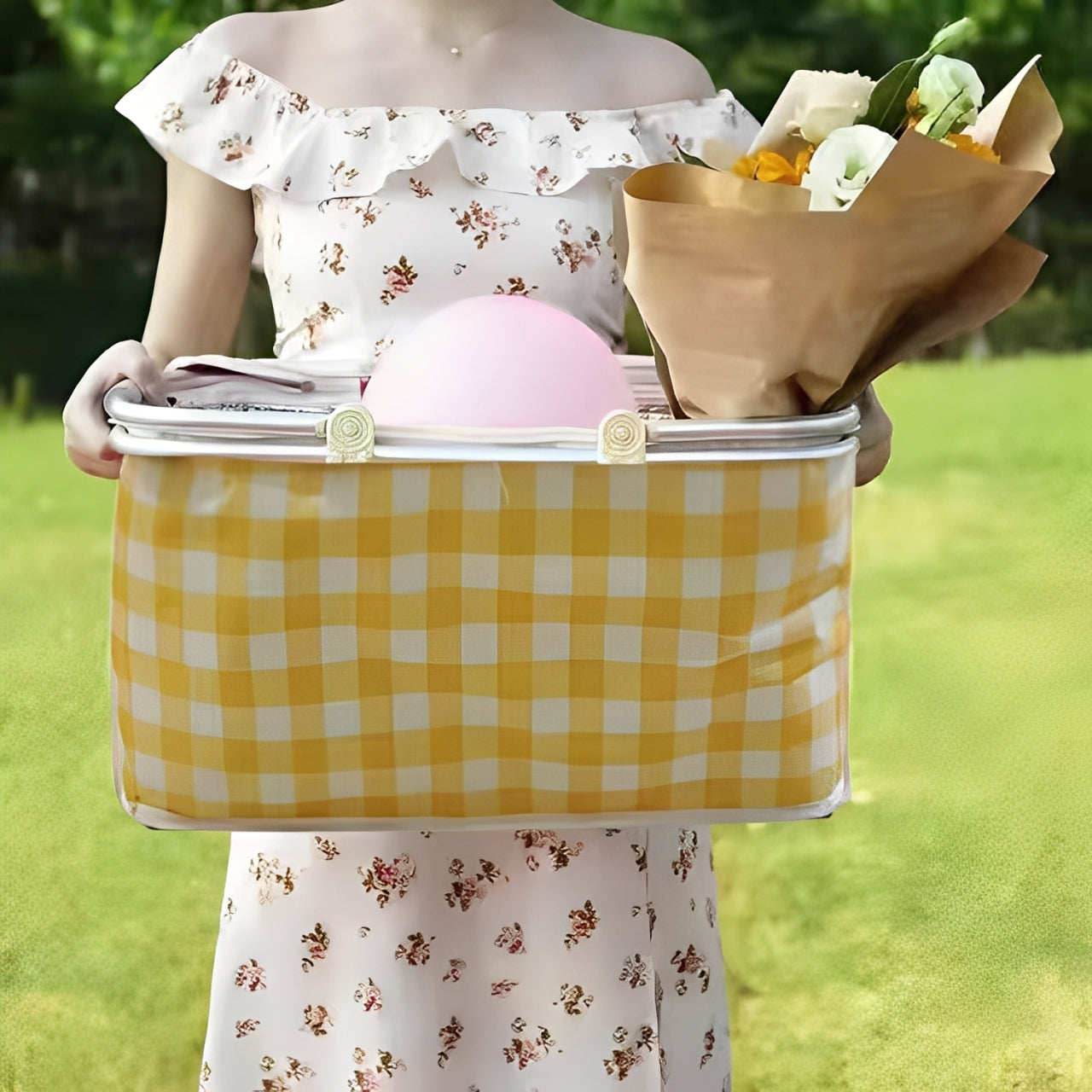 A Woman is Holding a Portable Picnic Basket.