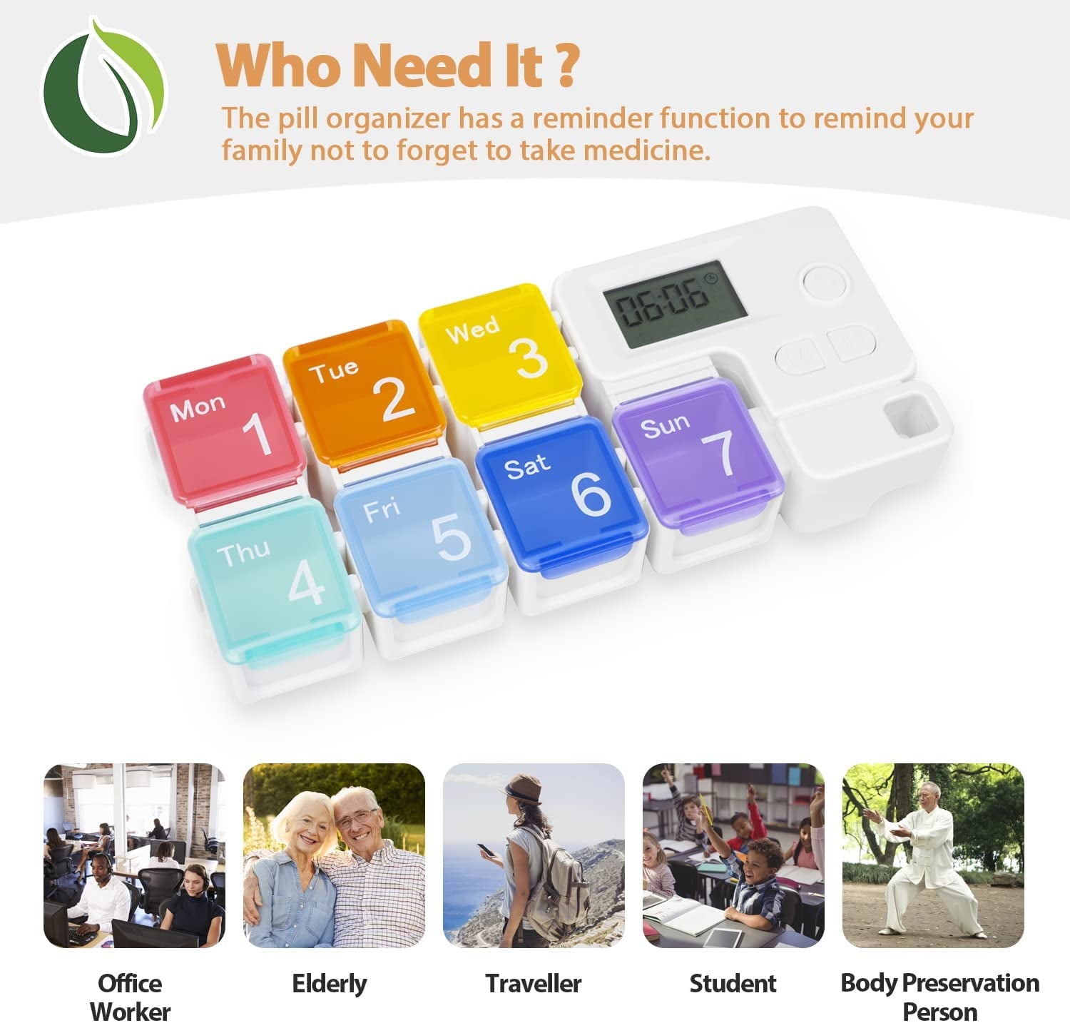 Portable alarm pill box weekly pill organizer with digital reminder and colorful day compartments, designed for elderly, travelers, students, and busy office workers to manage daily medication easily.