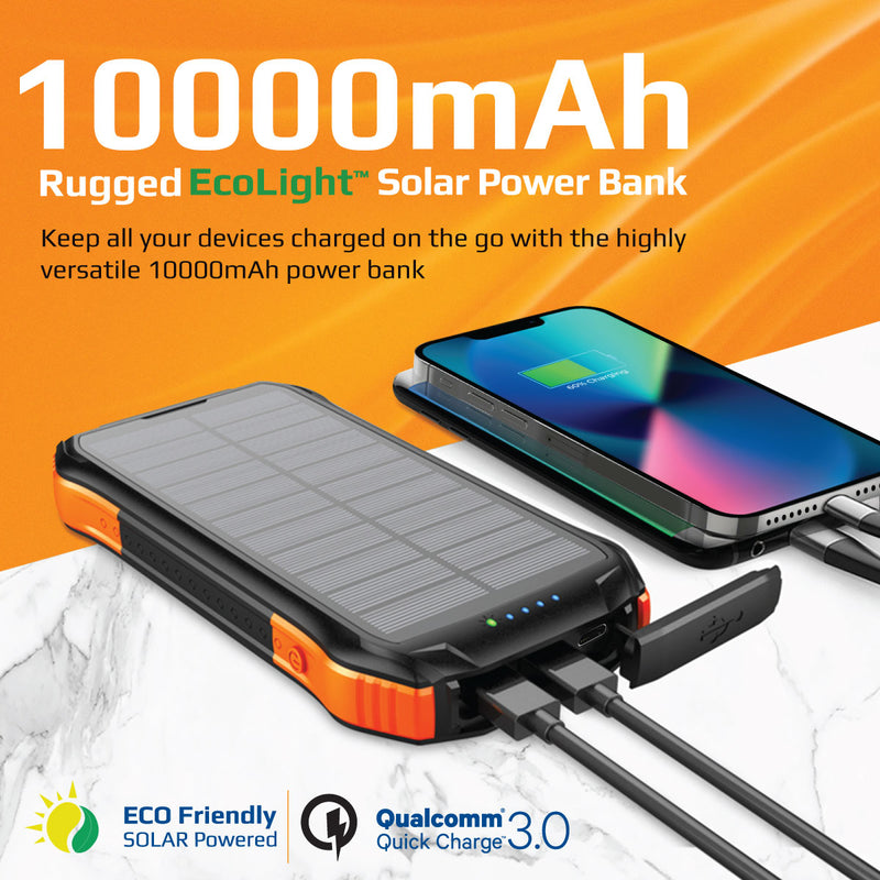 A Mobile Phone is Connected to a Promate Rugged EcoLight™ Solar Power Bank.