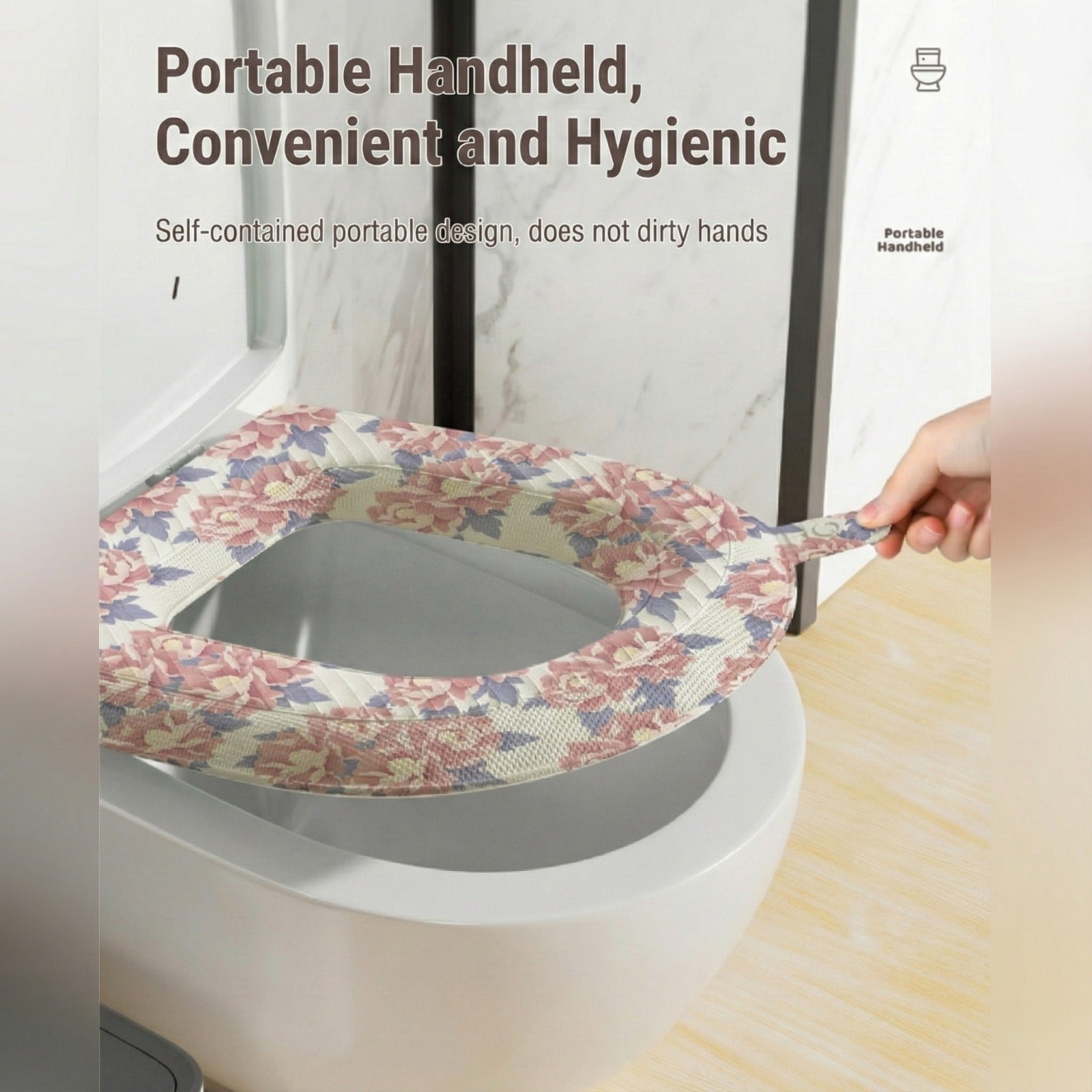 A Person is Pulling the Handle Of Soft waterproof Toilet Seat Cushion Cover, placed on a toilet seat for added comfort and hygiene.