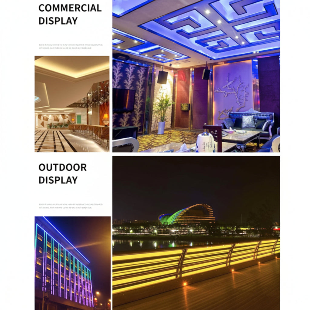 Collage of indoor and outdoor lighting displays of RGB LED Strip Light with text labels.