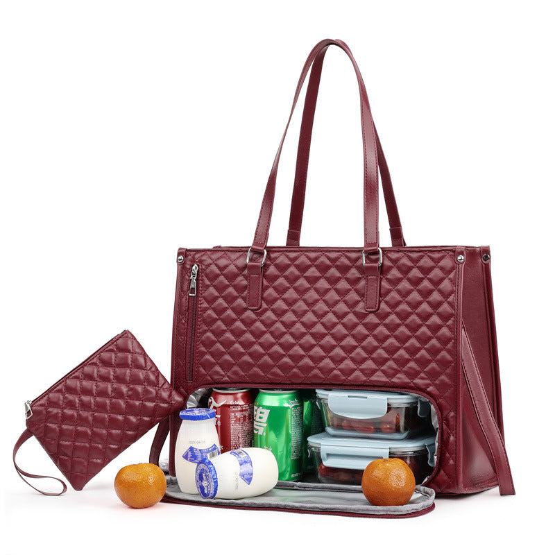 Lunch Boxes and Drinks are Stored at Women Tote Lunch Bag.