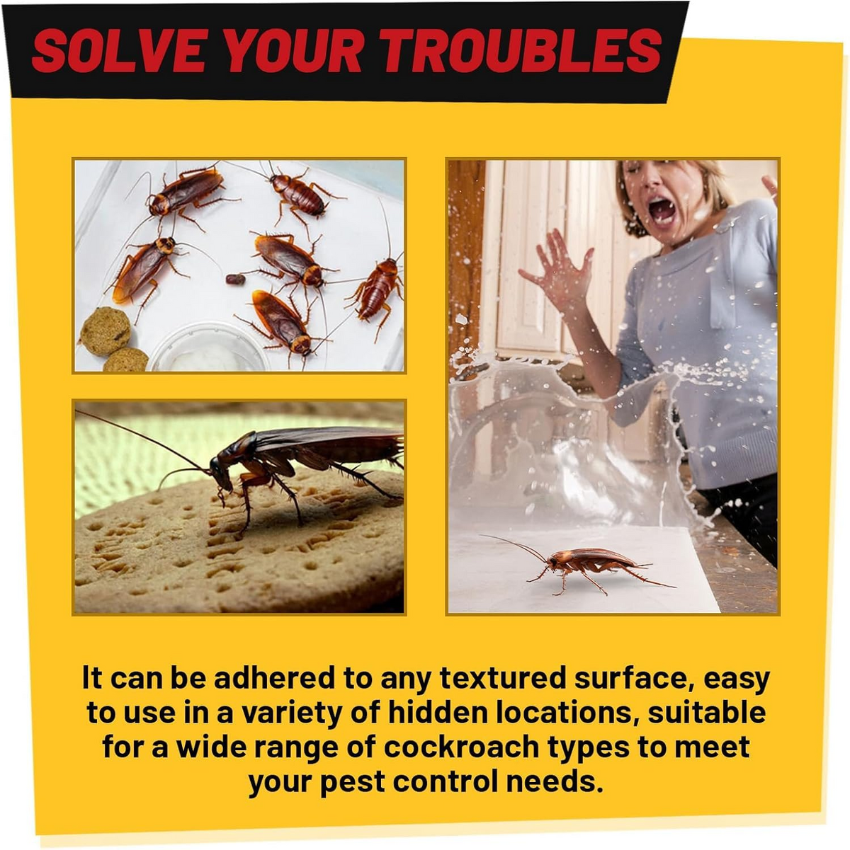 Advertisement for Roach Doctor Cockroach Gel Bait with images of cockroaches and a distressed person, text 'Solve Your Troubles'.