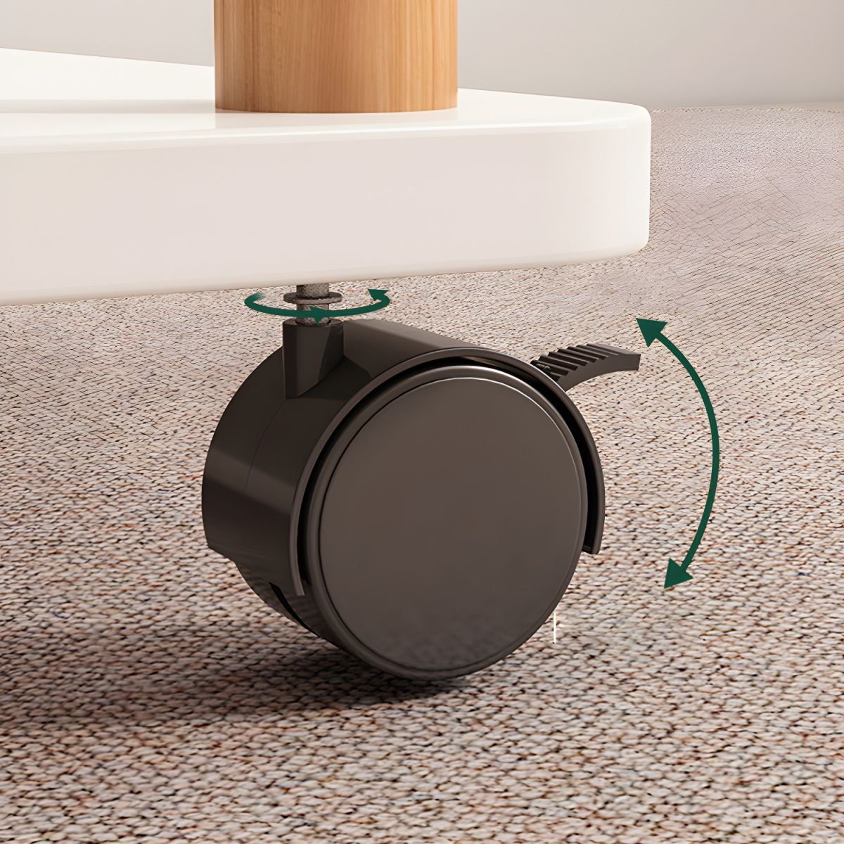 Wheel Of a Rolling Side Table with Storage Shelf.