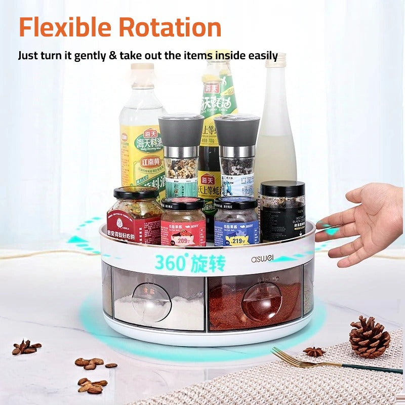 A Person is Rotating the Rotating Kitchen Spice Rack.