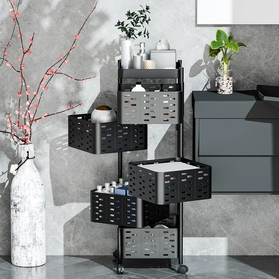 A 5 Tier Multipurpose Rotating Square Kitchen Storage Rack is Organized with Bathroom Essentials.