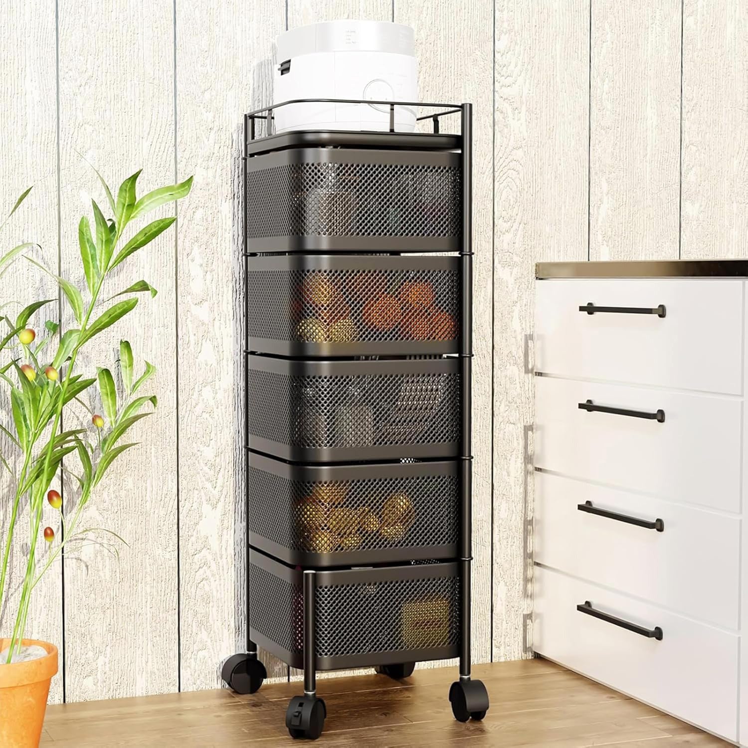 Rotating Square Kitchen Storage Rack with multi-layer metal baskets,organizing fruits, vegetables, utensils, and kitchen appliances in compact spaces.