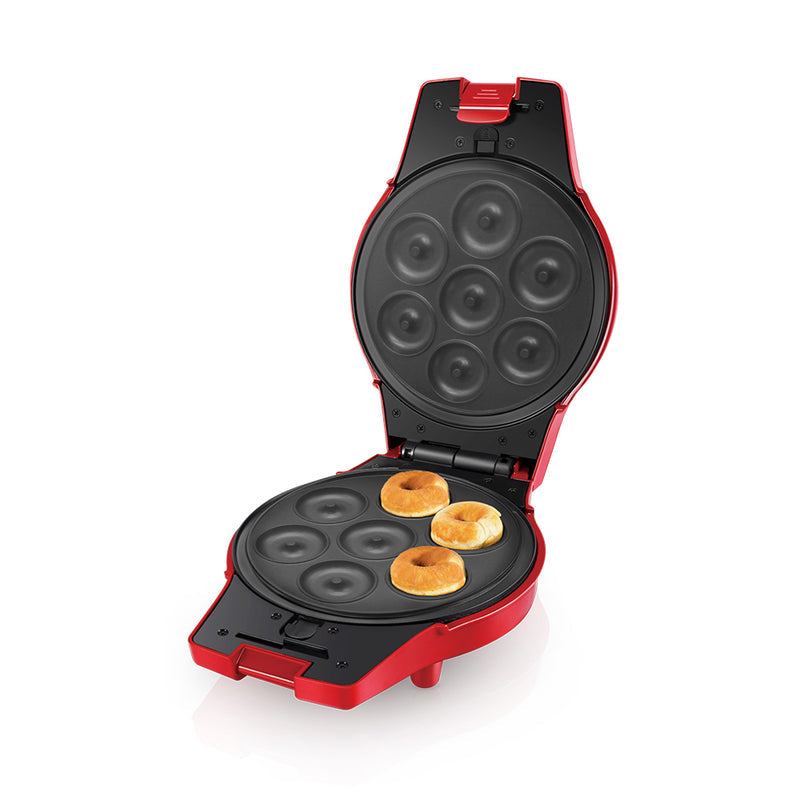 A Saachi electric donut maker with a red body and non-stick plate designed to cook multiple mini donuts at once, shown open with freshly baked donuts.