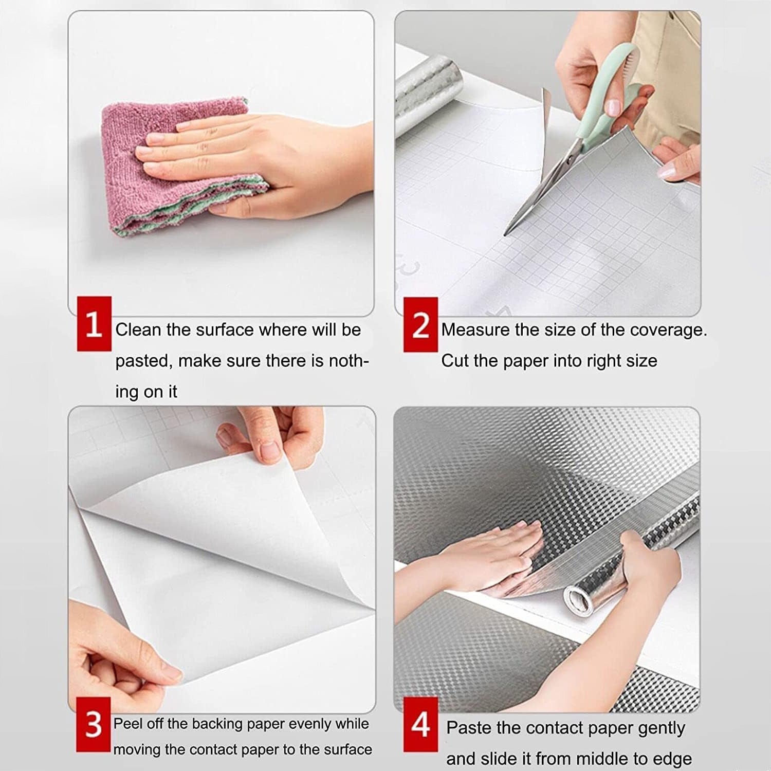 Step-by-step guide on applying Self Adhesive Wallpaper with images of hands performing each step.
