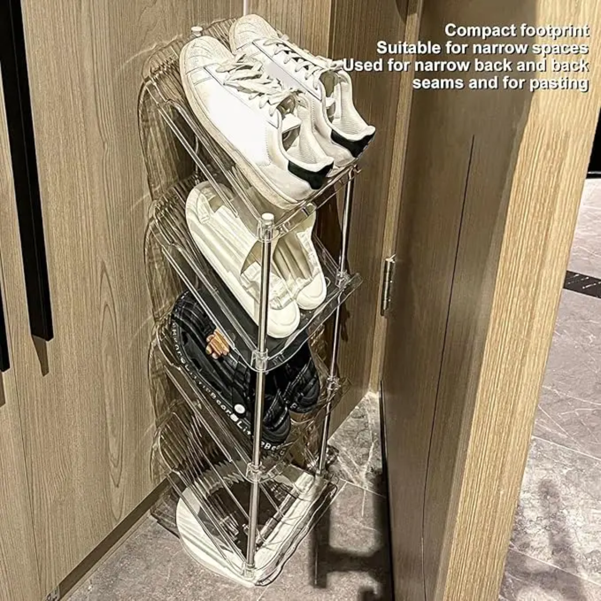 Shoes are Organized in a Vertical Shoe Rack Organizer Stand.