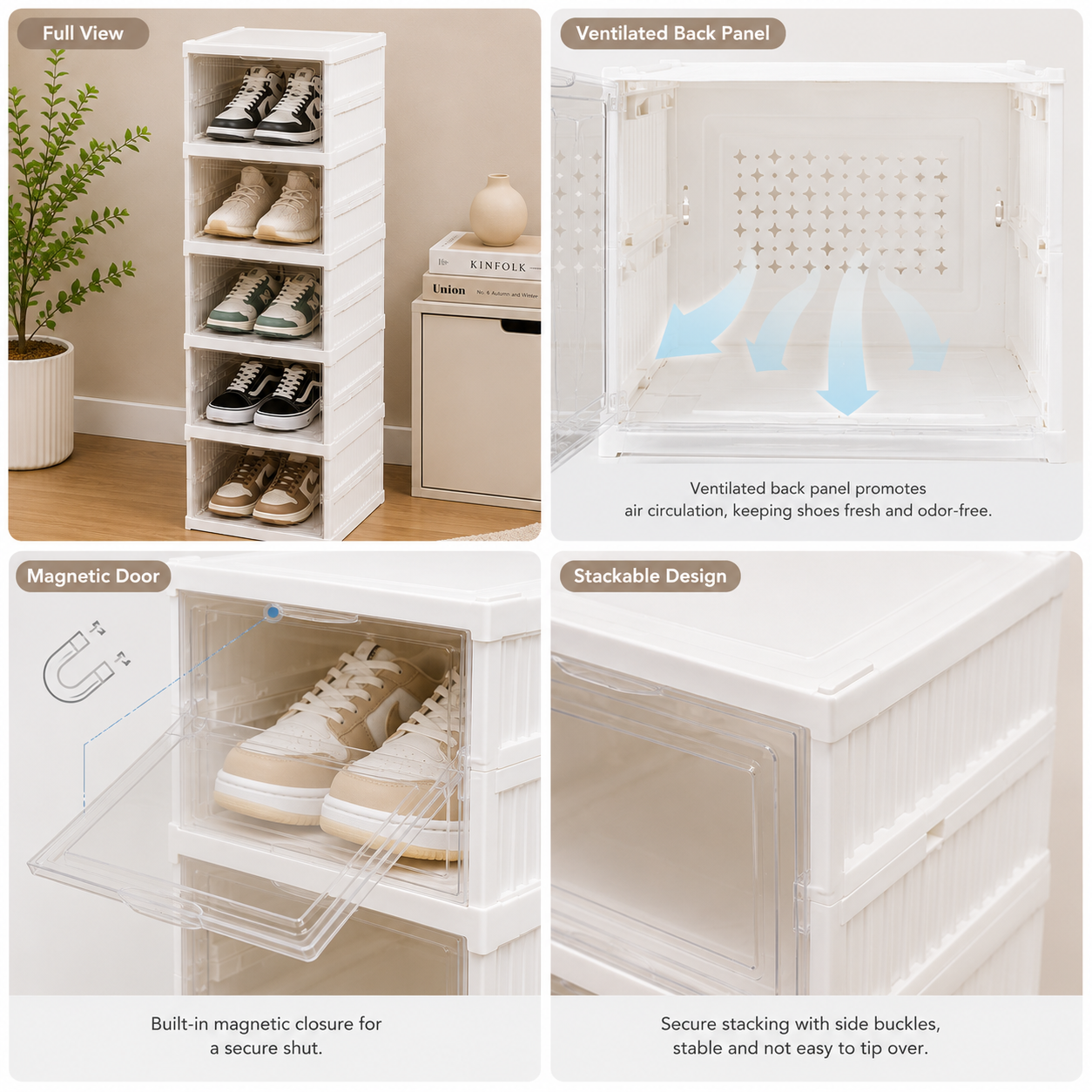 Collage of a white shoe storage cabinet with features highlighted.
