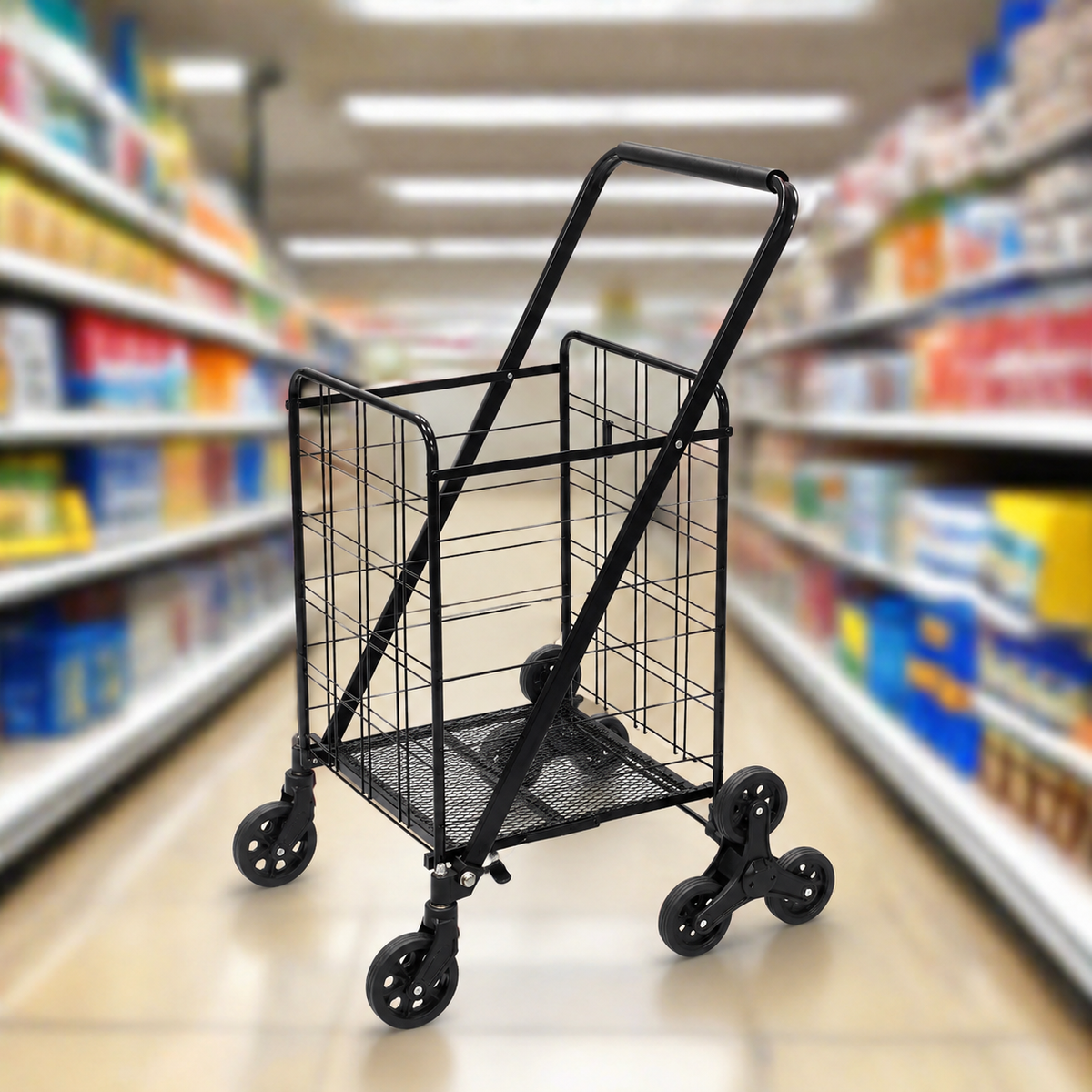 Black shopping cart in a supermarket aisle with blurred shelves in the background