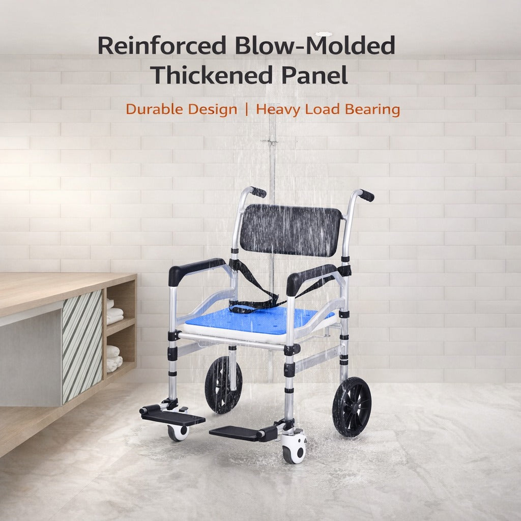An Adjustable Shower Commode Chair is Placed Under Shower.