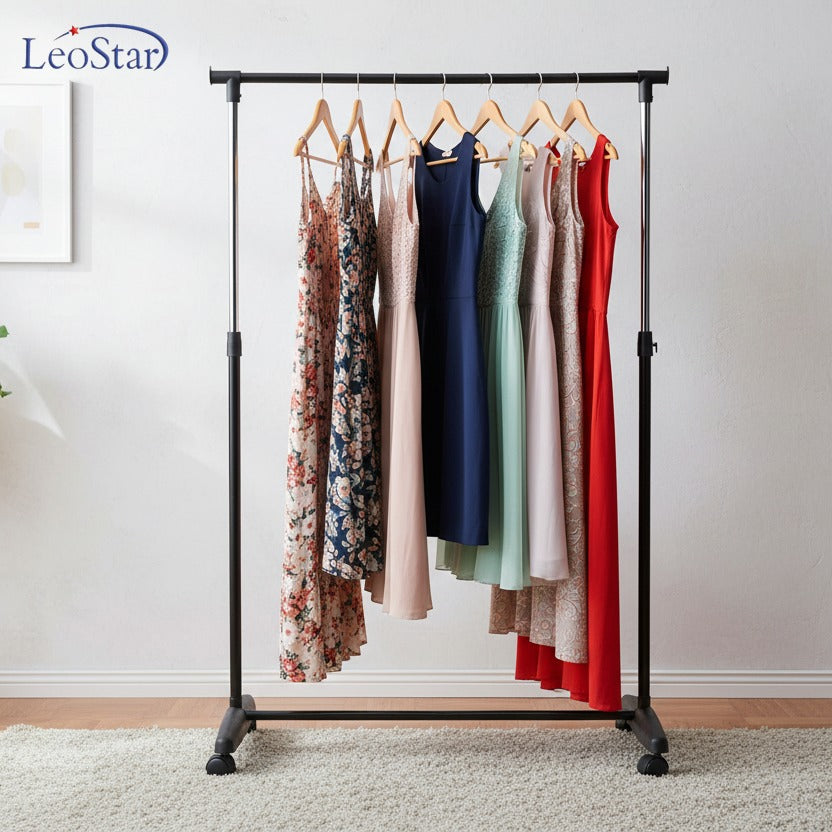 Dresses are Organized in a Single Garment Rack.
