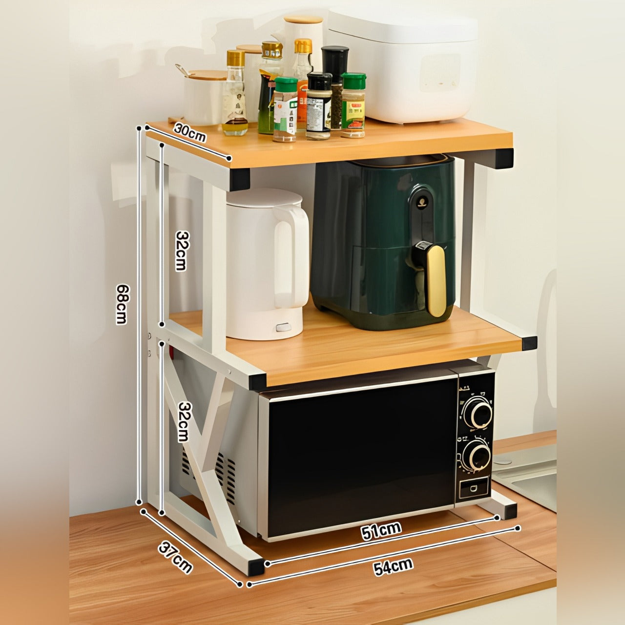 Size of 3-Tier Kitchen Microwave Oven Rack is Organized with Kitchen Appliances and Essentials.