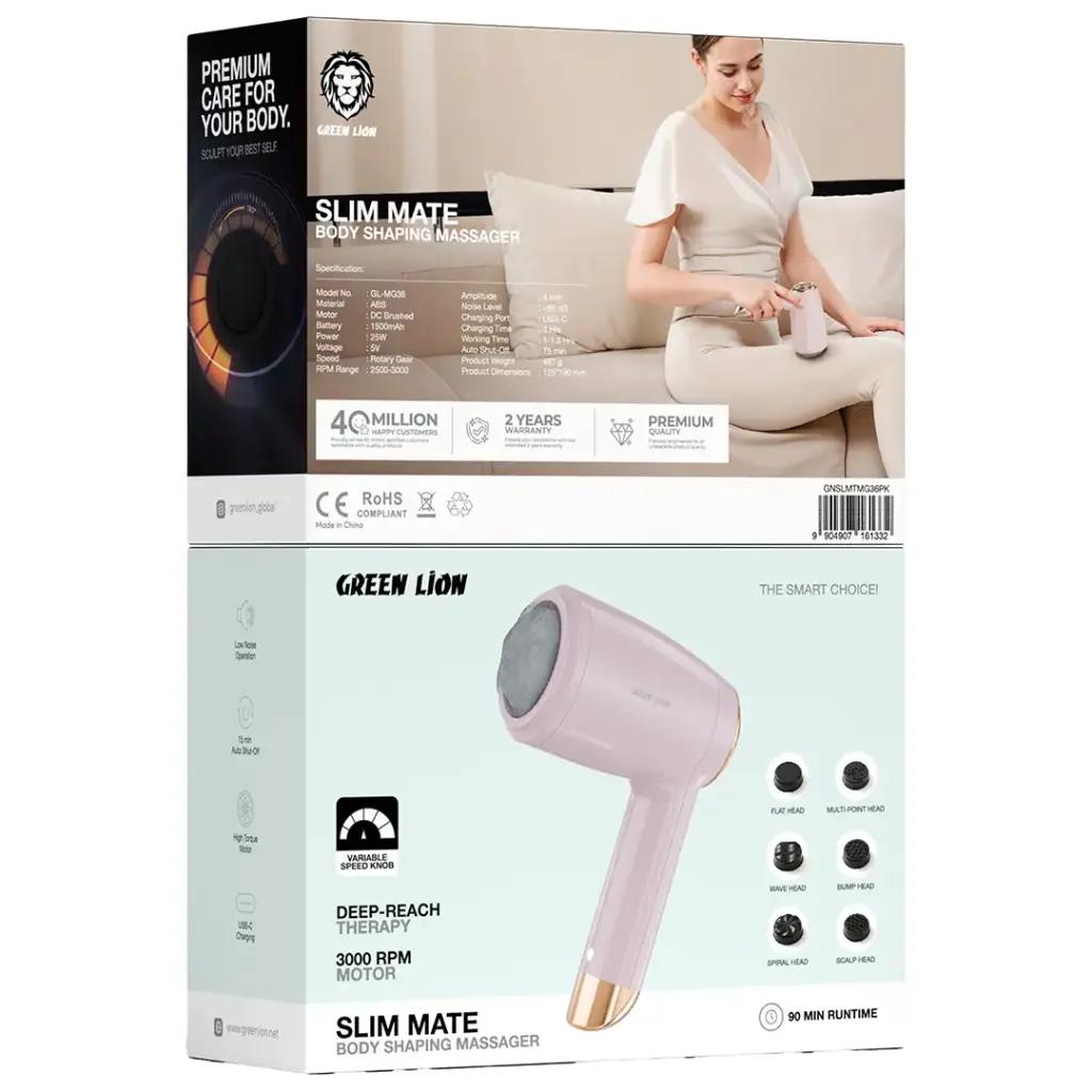 Box of Green Lion Slim Mate body shaping massager with product image and branding details.