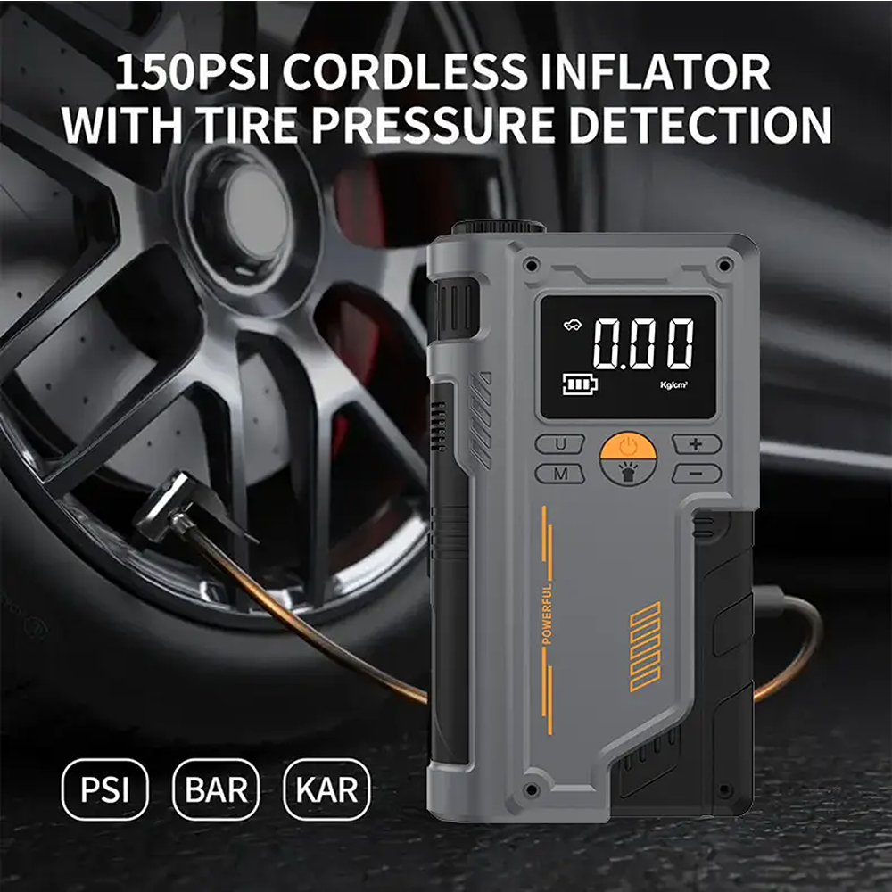 A Smart Air Pump Machine & Car Jump Starter is Connected to Car Tire.