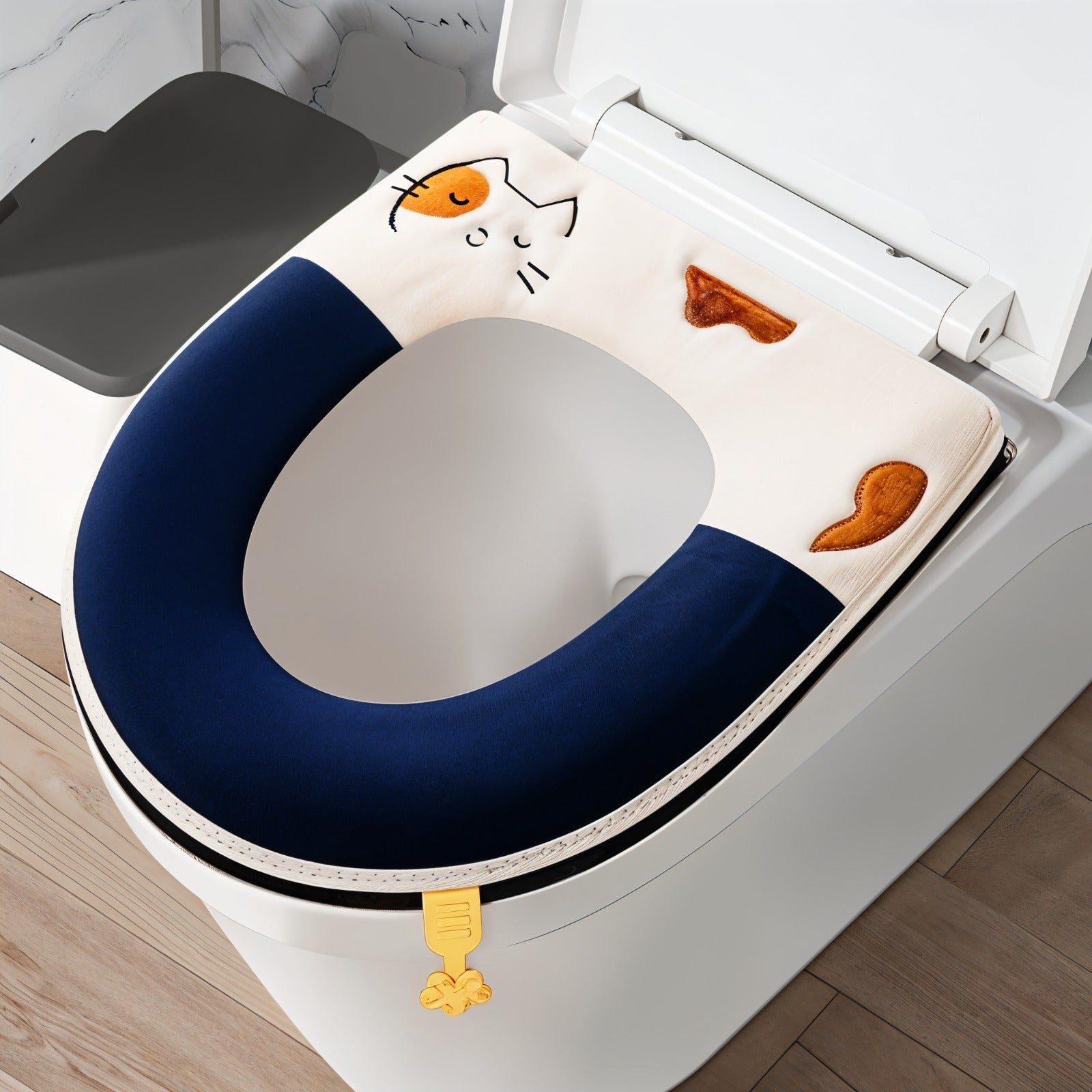 A Soft Plush Toilet Seat Cover Cushion  shown fitted on a toilet.