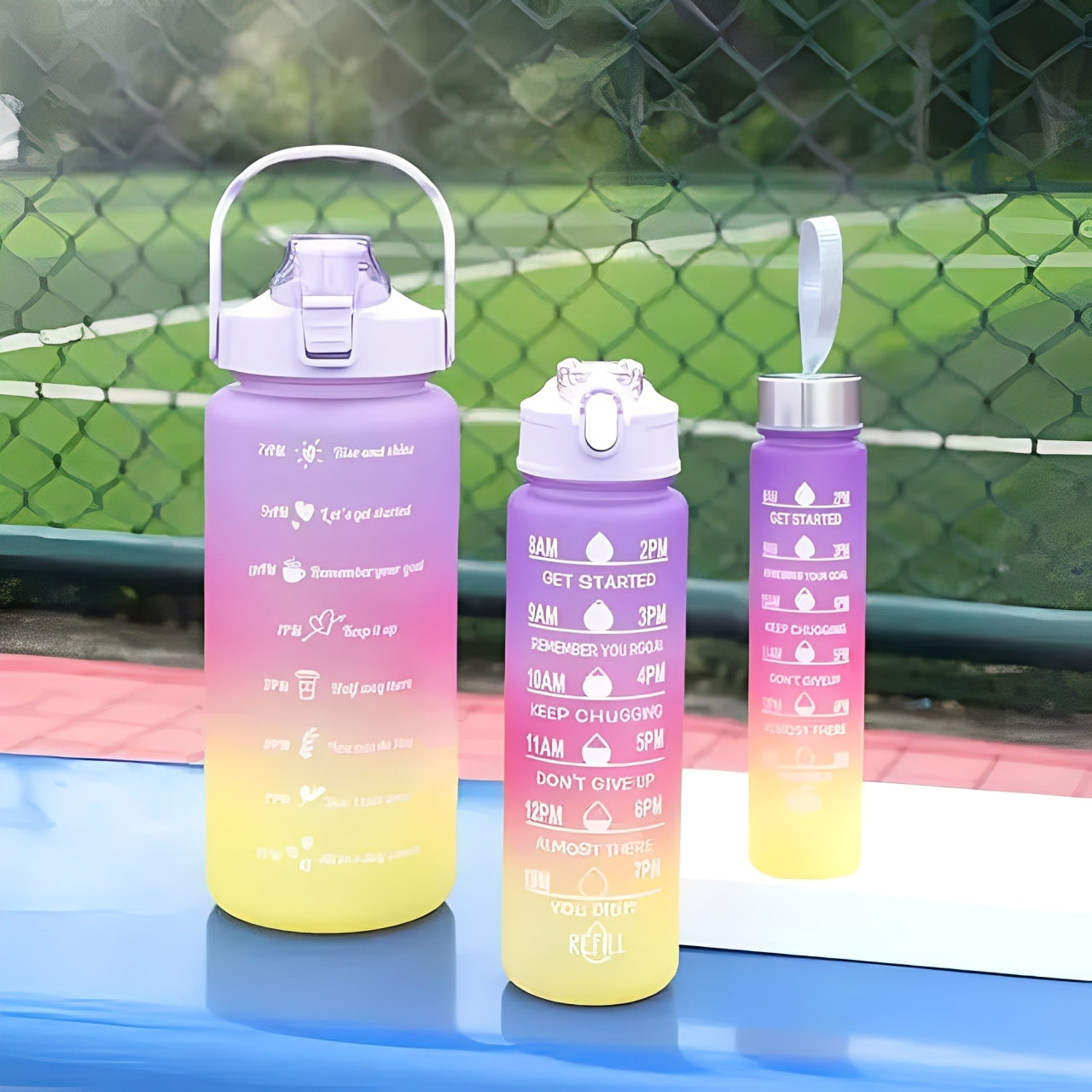 3PCS Motivational Sports Water Bottle placed in a blue surface with a green sports court in the background
