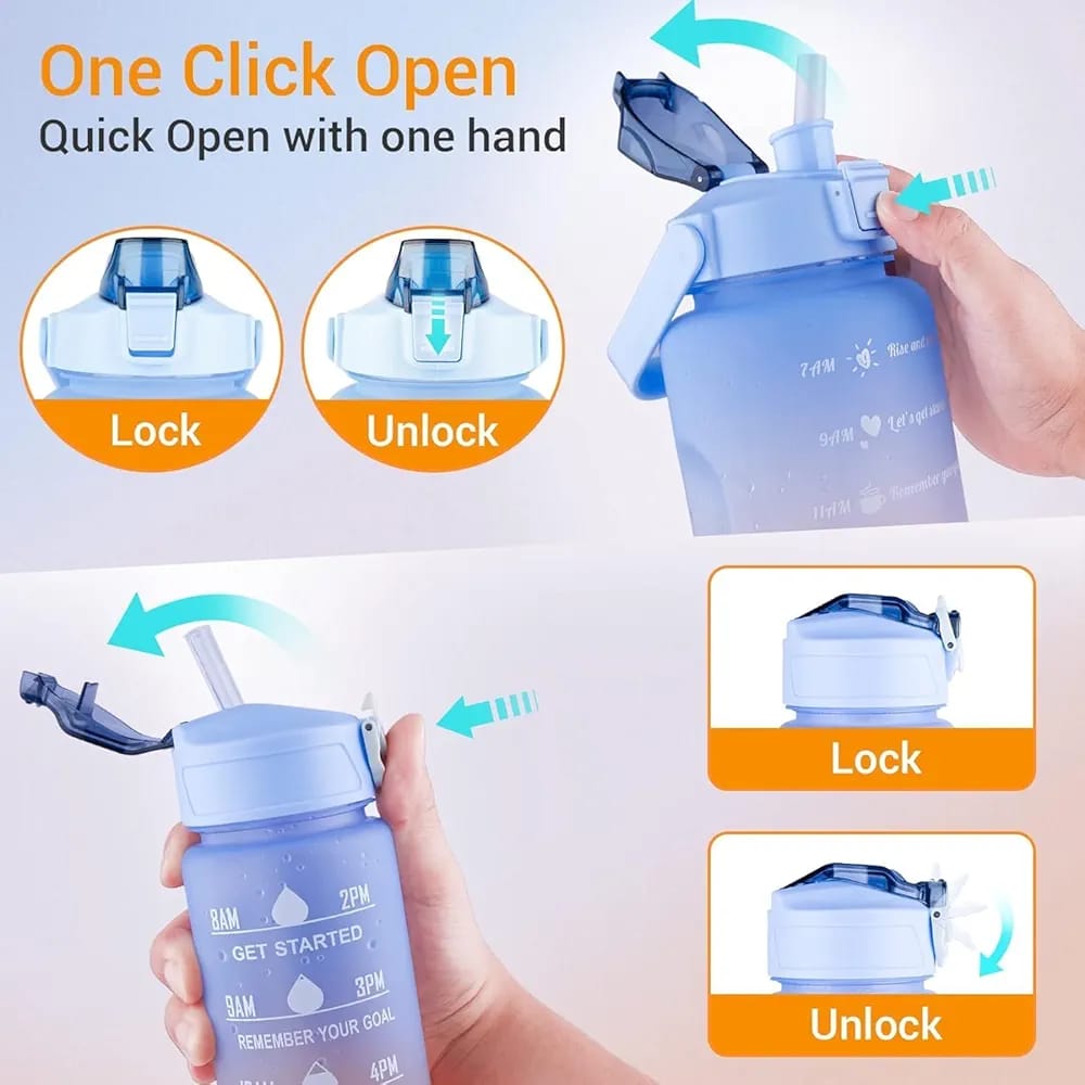 Motivational Sports Water Bottle with Straw & Time Markers to encourage hydration throughout the day .Key features highlighted include a one click open mechanism for quick, and a secure lock / unlock function