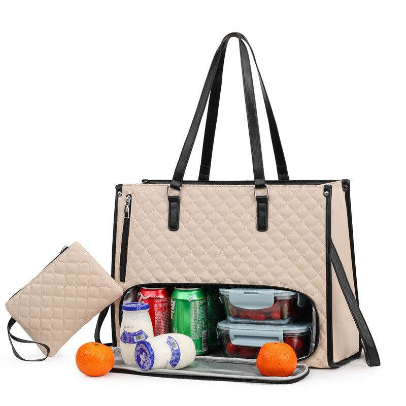 Lunch Boxes and Drinks are Stored at Women Tote Lunch Bag..