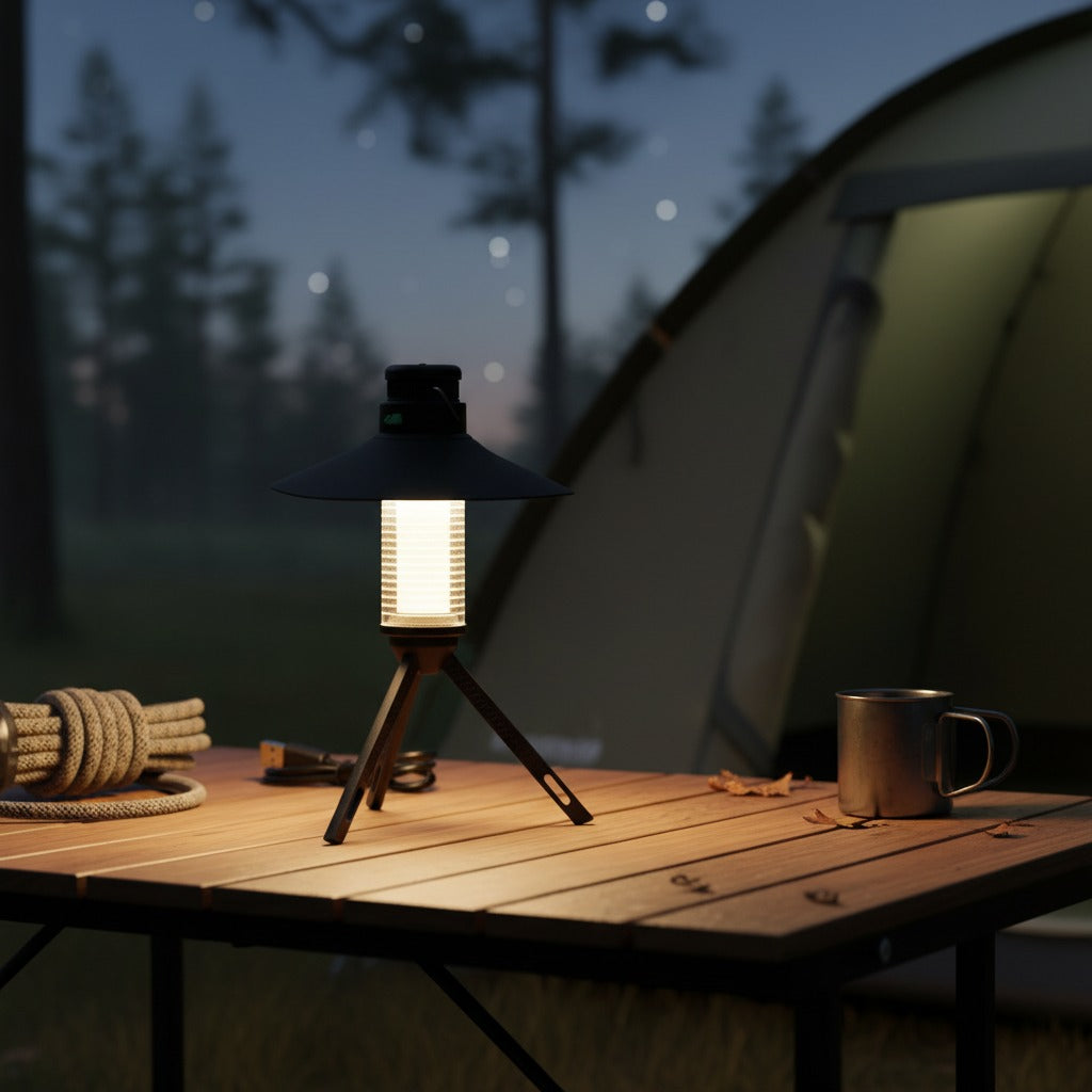 A Multi-Functional Lighthouse Camping Light is Kept on a Camping Table.