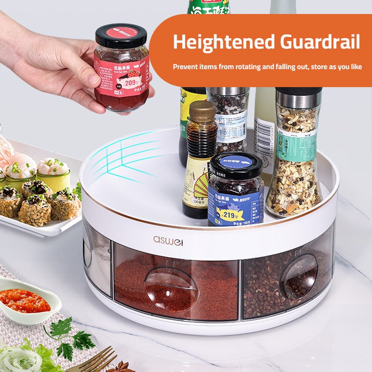 A Person is Taking Spices From the Rotating Kitchen Spice Rack.