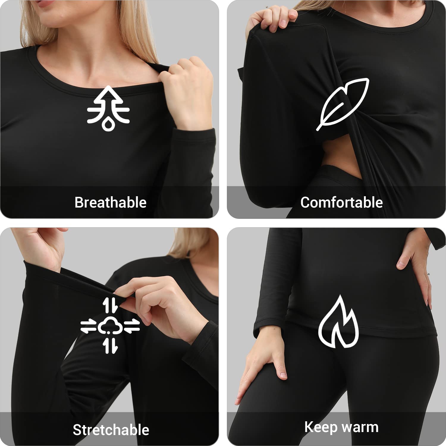 A Woman is Demonstrating the Features Of Women's Thermal Underwear Set.