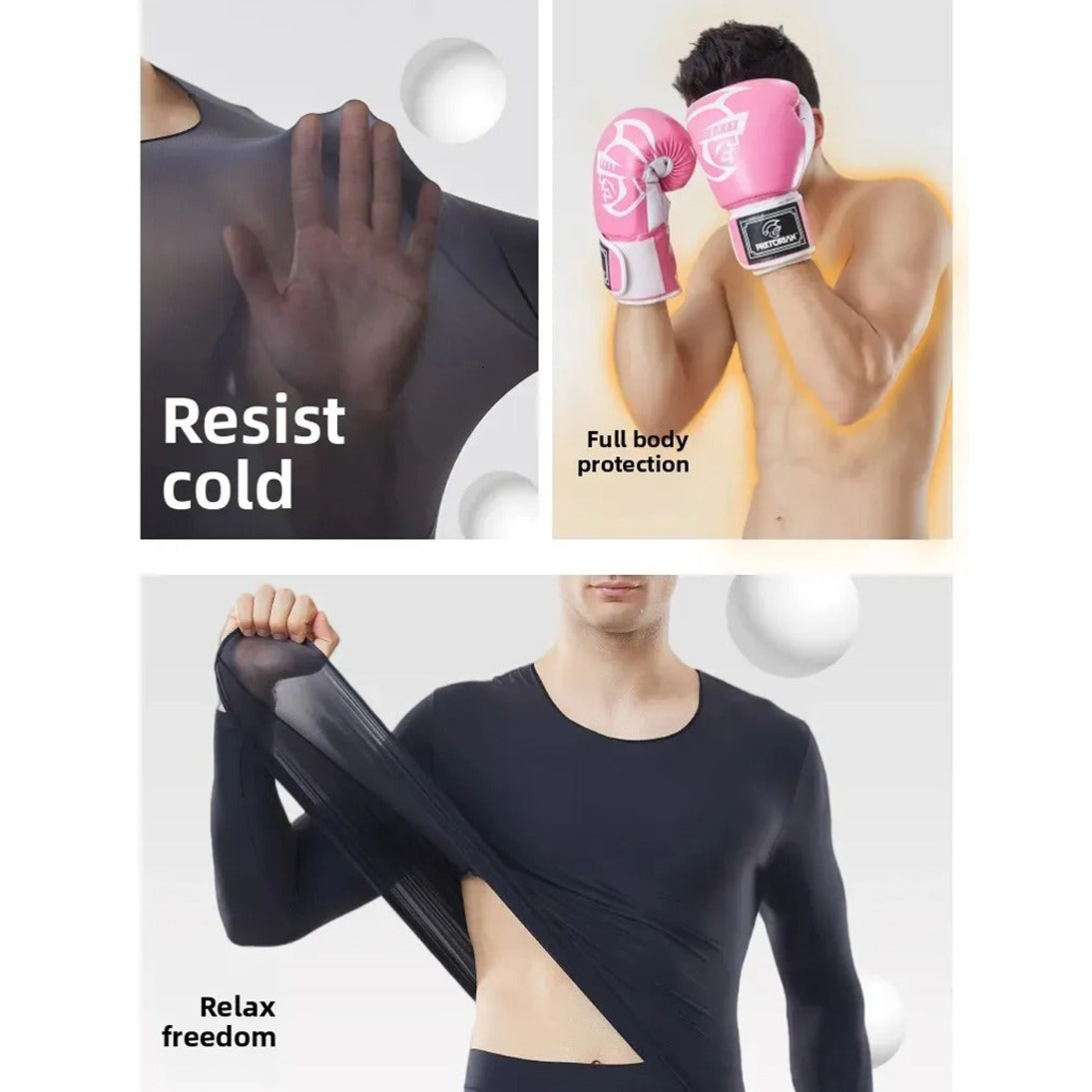 A Person is Wearing Men's Thermal Underwear Top & Bottom Set.