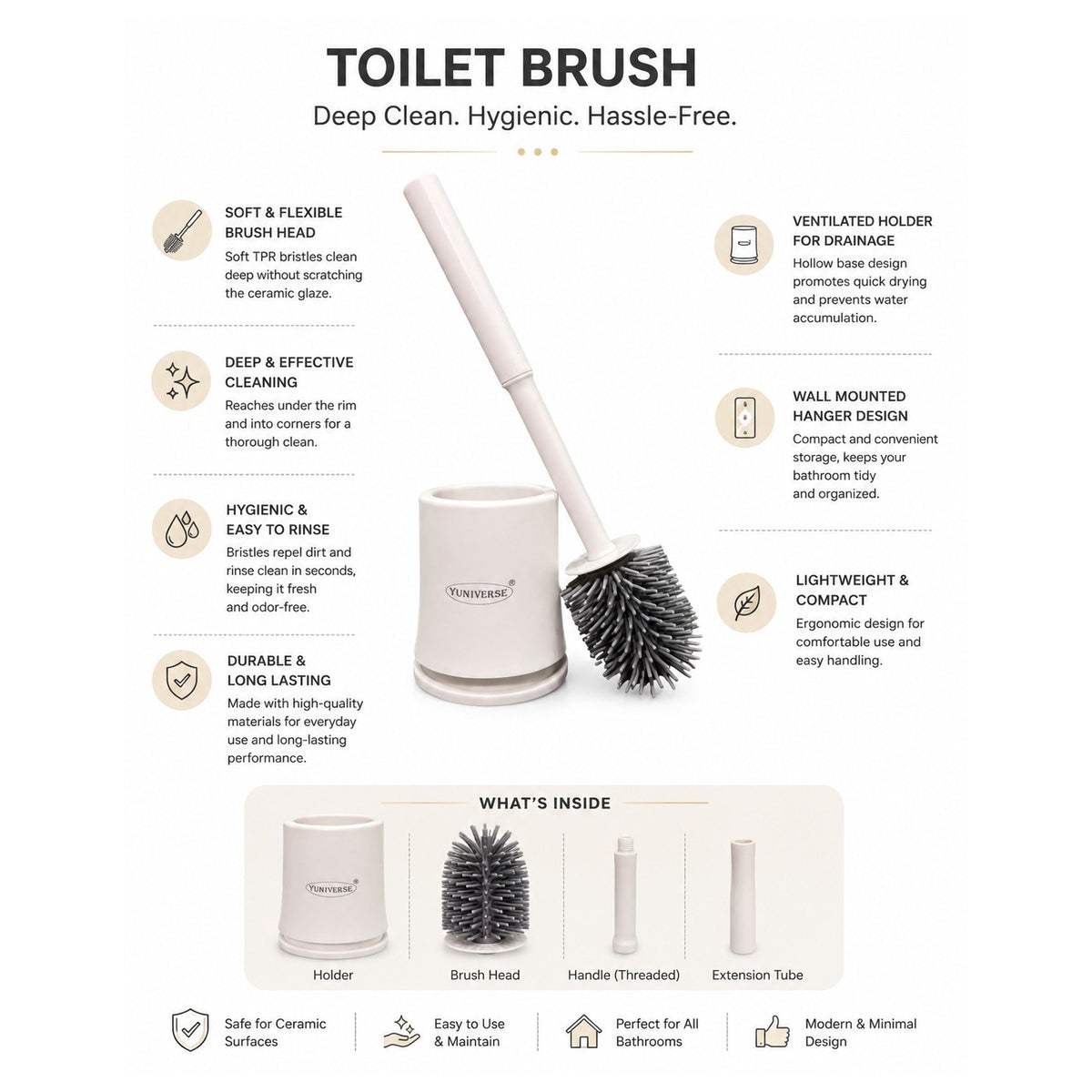 Toilet brush with holder and features listed on a white background